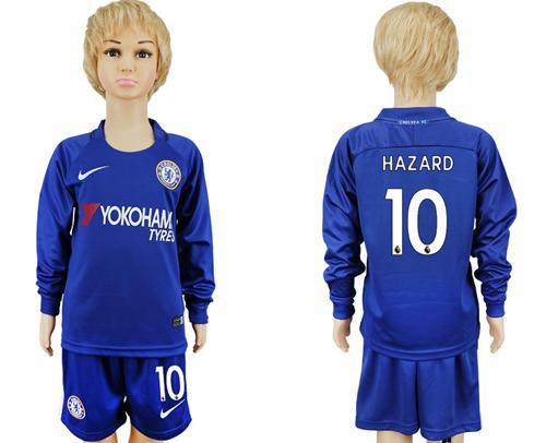 Chelsea #10 Hazard Home Long Sleeves Kid Soccer Club Jersey - Click Image to Close
